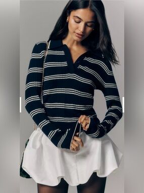 NWT Reformation Hermia Long Sleeve Merino Polo -Size Small / Navy stripe